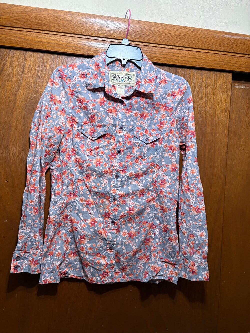 Aventura Women's M Floral Western Button Front Shirt 100% Cotton Blue Coral